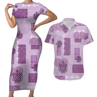 Vintage Lapita Couples Matching Short Sleeve Bodycon Dress and Hawaiian Shirt Iconic Double Face Pattern Violet