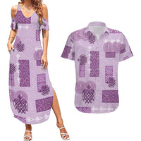 Vintage Lapita Couples Matching Summer Maxi Dress and Hawaiian Shirt Iconic Double Face Pattern Violet