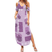 Vintage Lapita Family Matching Summer Maxi Dress and Hawaiian Shirt Iconic Double Face Pattern Violet