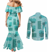Vintage Lapita Couples Matching Mermaid Dress and Long Sleeve Button Shirt Iconic Double Face Pattern Turquoise LT05