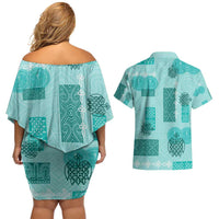 Vintage Lapita Couples Matching Off Shoulder Short Dress and Hawaiian Shirt Iconic Double Face Pattern Turquoise LT05