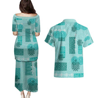 Vintage Lapita Couples Matching Puletasi and Hawaiian Shirt Iconic Double Face Pattern Turquoise LT05