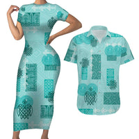 Vintage Lapita Couples Matching Short Sleeve Bodycon Dress and Hawaiian Shirt Iconic Double Face Pattern Turquoise LT05