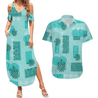 Vintage Lapita Couples Matching Summer Maxi Dress and Hawaiian Shirt Iconic Double Face Pattern Turquoise LT05