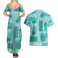 Vintage Lapita Couples Matching Summer Maxi Dress and Hawaiian Shirt Iconic Double Face Pattern Turquoise LT05