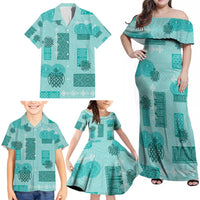 Vintage Lapita Family Matching Off Shoulder Maxi Dress and Hawaiian Shirt Iconic Double Face Pattern Turquoise LT05