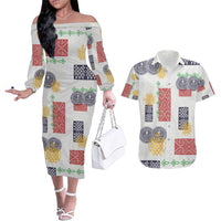 Vintage Lapita Couples Matching Off The Shoulder Long Sleeve Dress and Hawaiian Shirt Iconic Double Face Pattern