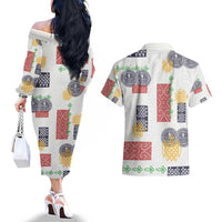 Vintage Lapita Couples Matching Off The Shoulder Long Sleeve Dress and Hawaiian Shirt Iconic Double Face Pattern
