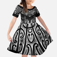 Custom New Zealand Fishing Family Matching Short Sleeve Bodycon Dress and Hawaiian Shirt Aotearoa Maori Koru LT05 Daughter's Dress Black - Polynesian Pride