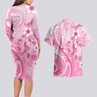 Personalised Memorial Pink Breast Cancer Awareness Couples Matching Long Sleeve Bodycon Dress and Hawaiian Shirt Plumeria Floral Tribal Pattern LT05 - Polynesian Pride