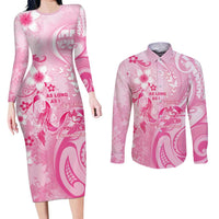Personalised Memorial Pink Breast Cancer Awareness Couples Matching Long Sleeve Bodycon Dress and Long Sleeve Button Shirt Plumeria Floral Tribal Pattern - Polynesian Pride