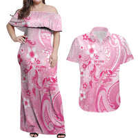 Personalised Memorial Pink Breast Cancer Awareness Couples Matching Off Shoulder Maxi Dress and Hawaiian Shirt Plumeria Floral Tribal Pattern LT05 Pink - Polynesian Pride
