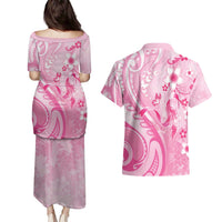 Personalised Memorial Pink Breast Cancer Awareness Couples Matching Puletasi and Hawaiian Shirt Plumeria Floral Tribal Pattern - Polynesian Pride