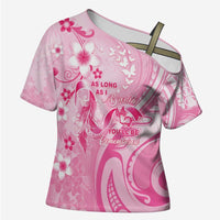 Personalised Memorial Pink Breast Cancer Awareness Cross Shoulder Shirt Plumeria Floral Tribal Pattern - Polynesian Pride