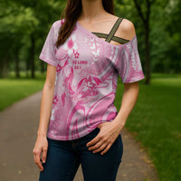 Personalised Memorial Pink Breast Cancer Awareness Cross Shoulder Shirt Plumeria Floral Tribal Pattern - Polynesian Pride