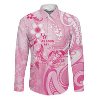 Personalised Memorial Pink Breast Cancer Awareness Family Matching Mermaid Dress and Hawaiian Shirt Plumeria Floral Tribal Pattern LT05 Dad's Shirt - Long Sleeve Pink - Polynesian Pride
