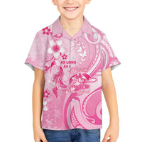 Personalised Memorial Pink Breast Cancer Awareness Family Matching Off The Shoulder Long Sleeve Dress and Hawaiian Shirt Plumeria Floral Tribal Pattern LT05 Son's Shirt Pink - Polynesian Pride