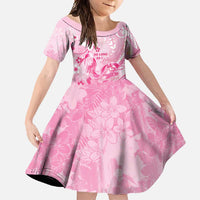 Personalised Memorial Pink Breast Cancer Awareness Family Matching Off Shoulder Maxi Dress and Hawaiian Shirt Plumeria Floral Tribal Pattern LT05 Daughter's Dress Pink - Polynesian Pride