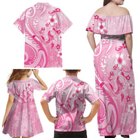 Personalised Memorial Pink Breast Cancer Awareness Family Matching Off Shoulder Maxi Dress and Hawaiian Shirt Plumeria Floral Tribal Pattern LT05 - Polynesian Pride