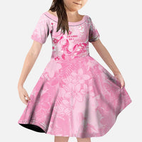 Personalised Memorial Pink Breast Cancer Awareness Family Matching Off Shoulder Short Dress and Hawaiian Shirt Plumeria Floral Tribal Pattern LT05 Daughter's Dress Pink - Polynesian Pride