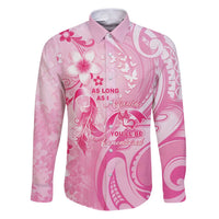 Personalised Memorial Pink Breast Cancer Awareness Family Matching Puletasi and Hawaiian Shirt Plumeria Floral Tribal Pattern LT05 Dad's Shirt - Long Sleeve Pink - Polynesian Pride