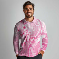 Personalised Memorial Pink Breast Cancer Awareness Long Sleeve Polo Shirt Plumeria Floral Tribal Pattern - Polynesian Pride