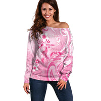 Personalised Memorial Pink Breast Cancer Awareness Off Shoulder Sweater Plumeria Floral Tribal Pattern - Polynesian Pride