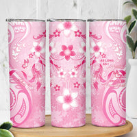 Personalised Memorial Pink Breast Cancer Awareness Skinny Tumbler Plumeria Floral Tribal Pattern - Polynesian Pride
