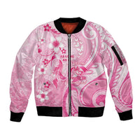 Personalised Memorial Pink Breast Cancer Awareness Sleeve Zip Bomber Jacket Plumeria Floral Tribal Pattern - Polynesian Pride