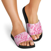 Memorial Pink Breast Cancer Awareness Slide Sandals Plumeria Floral Tribal Pattern - Polynesian Pride