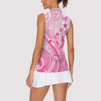 Personalised Memorial Pink Breast Cancer Awareness Women Sleeveless Polo Shirt Plumeria Floral Tribal Pattern - Polynesian Pride