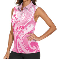 Personalised Memorial Pink Breast Cancer Awareness Women Sleeveless Polo Shirt Plumeria Floral Tribal Pattern - Polynesian Pride