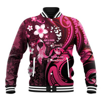Personalised Memorial Breast Cancer Awareness Baseball Jacket Plumeria Floral Tribal Pattern - Polynesian Pride