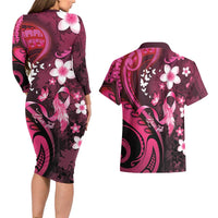 Personalised Memorial Breast Cancer Awareness Couples Matching Long Sleeve Bodycon Dress and Hawaiian Shirt Plumeria Floral Tribal Pattern LT05 - Polynesian Pride