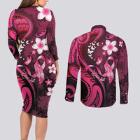 Personalised Memorial Breast Cancer Awareness Couples Matching Long Sleeve Bodycon Dress and Long Sleeve Button Shirt Plumeria Floral Tribal Pattern - Polynesian Pride