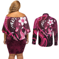Personalised Memorial Breast Cancer Awareness Couples Matching Off Shoulder Short Dress and Long Sleeve Button Shirt Plumeria Floral Tribal Pattern - Polynesian Pride