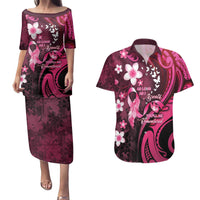 Personalised Memorial Breast Cancer Awareness Couples Matching Puletasi and Hawaiian Shirt Plumeria Floral Tribal Pattern LT05 Black - Polynesian Pride