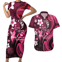 Personalised Memorial Breast Cancer Awareness Couples Matching Short Sleeve Bodycon Dress and Hawaiian Shirt Plumeria Floral Tribal Pattern LT05 Black - Polynesian Pride