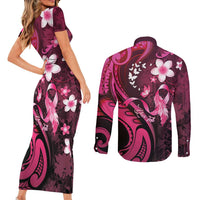 Personalised Memorial Breast Cancer Awareness Couples Matching Short Sleeve Bodycon Dress and Long Sleeve Button Shirt Plumeria Floral Tribal Pattern - Polynesian Pride