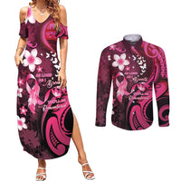 Personalised Memorial Breast Cancer Awareness Couples Matching Summer Maxi Dress and Long Sleeve Button Shirt Plumeria Floral Tribal Pattern LT05 Black - Polynesian Pride