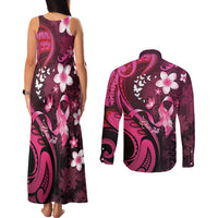 Personalised Memorial Breast Cancer Awareness Couples Matching Tank Maxi Dress and Long Sleeve Button Shirt Plumeria Floral Tribal Pattern - Polynesian Pride