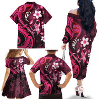 Personalised Memorial Breast Cancer Awareness Family Matching Off The Shoulder Long Sleeve Dress and Hawaiian Shirt Plumeria Floral Tribal Pattern LT05 - Polynesian Pride