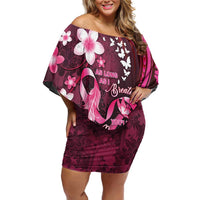 Personalised Memorial Breast Cancer Awareness Family Matching Off Shoulder Short Dress and Hawaiian Shirt Plumeria Floral Tribal Pattern - Polynesian Pride