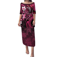 Personalised Memorial Breast Cancer Awareness Family Matching Puletasi and Hawaiian Shirt Plumeria Floral Tribal Pattern LT05 Mom's Dress Black - Polynesian Pride