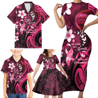 Personalised Memorial Breast Cancer Awareness Family Matching Short Sleeve Bodycon Dress and Hawaiian Shirt Plumeria Floral Tribal Pattern LT05 - Polynesian Pride