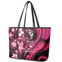 Memorial Breast Cancer Awareness Leather Tote Bag Plumeria Floral Tribal Pattern - Polynesian Pride