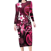 Personalised Memorial Breast Cancer Awareness Long Sleeve Bodycon Dress Plumeria Floral Tribal Pattern - Polynesian Pride