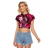 Personalised Memorial Breast Cancer Awareness Raglan Cropped T Shirt Plumeria Floral Tribal Pattern LT05 Female Black - Polynesian Pride