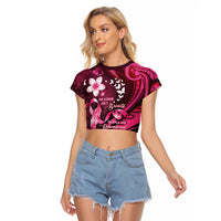 Personalised Memorial Breast Cancer Awareness Raglan Cropped T Shirt Plumeria Floral Tribal Pattern - Polynesian Pride