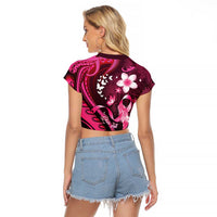 Personalised Memorial Breast Cancer Awareness Raglan Cropped T Shirt Plumeria Floral Tribal Pattern - Polynesian Pride